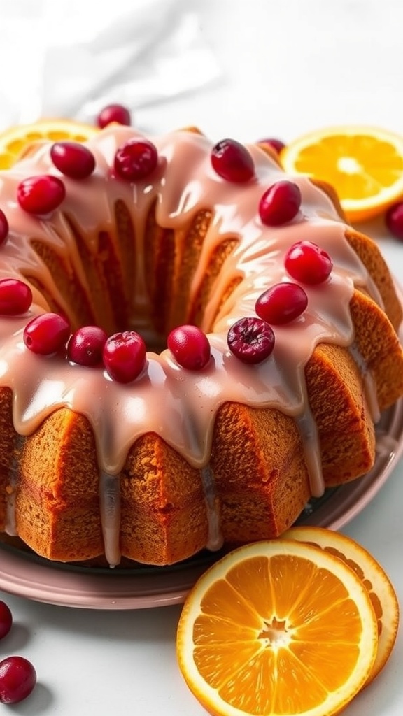 An elegantly decorated Orange Cranberry Bundt Cake with cranberries on top.