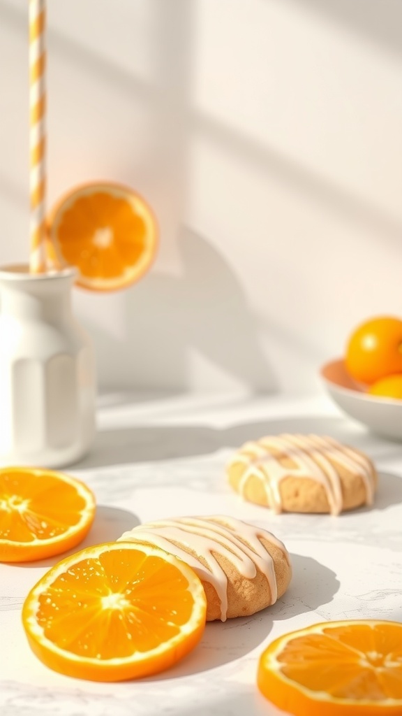 Sugar cookies decorated with orange frosting and garnished with orange slices
