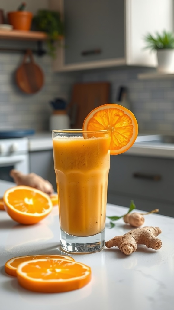 A refreshing orange ginger smoothie in a glass, garnished with an orange slice.