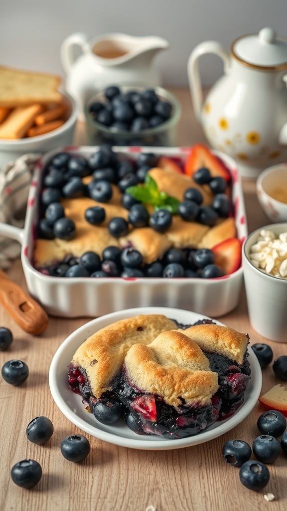 A delicious serving of blueberry cobbler with fresh blueberries on the side.