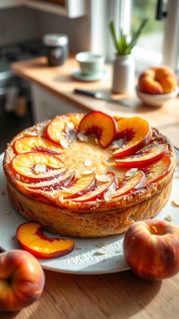 A delicious Peach and Almond Dutch Baby pancake with sliced peaches and almonds on top.