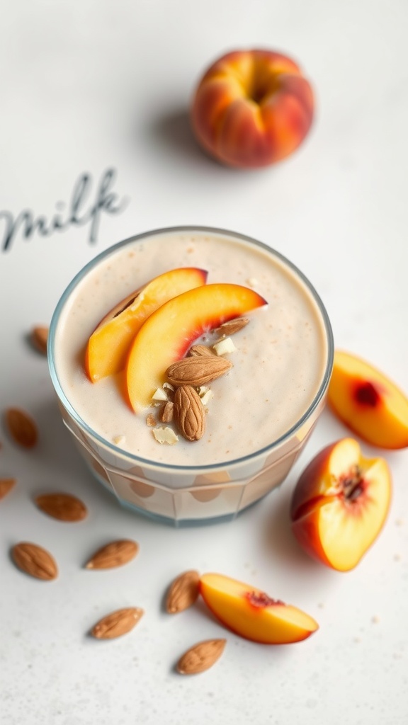 A peach and almond milk smoothie garnished with peach slices and almonds.