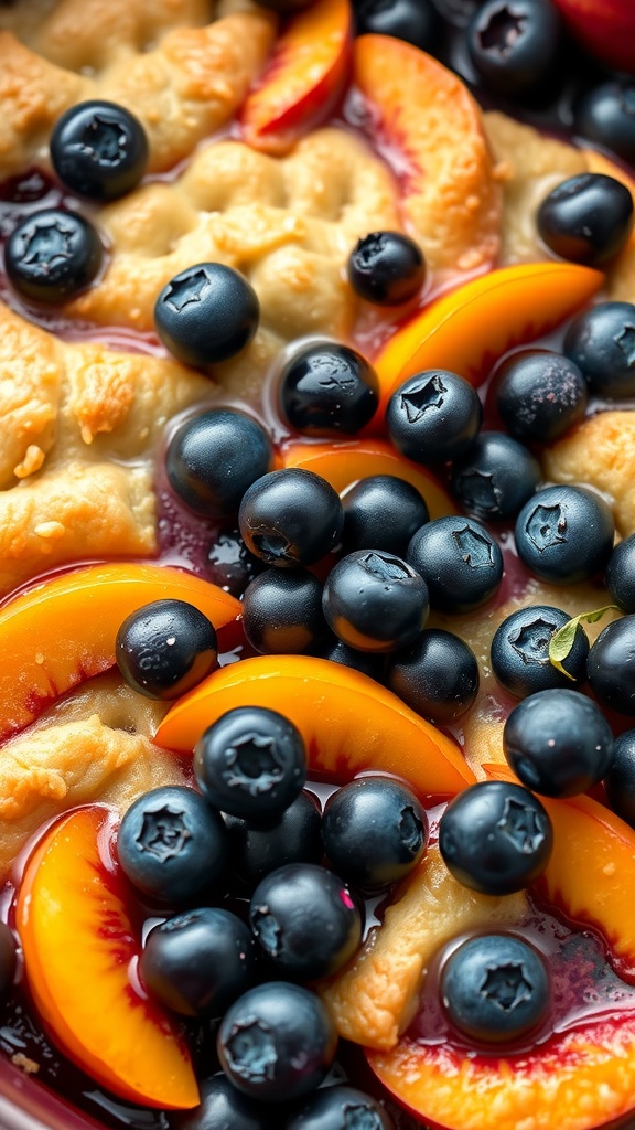 A delicious peach and blueberry cobbler with golden crust and vibrant fruit.