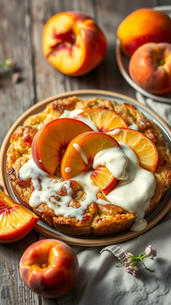 A delicious plate of peach and cream bread pudding topped with slices of fresh peaches and cream.
