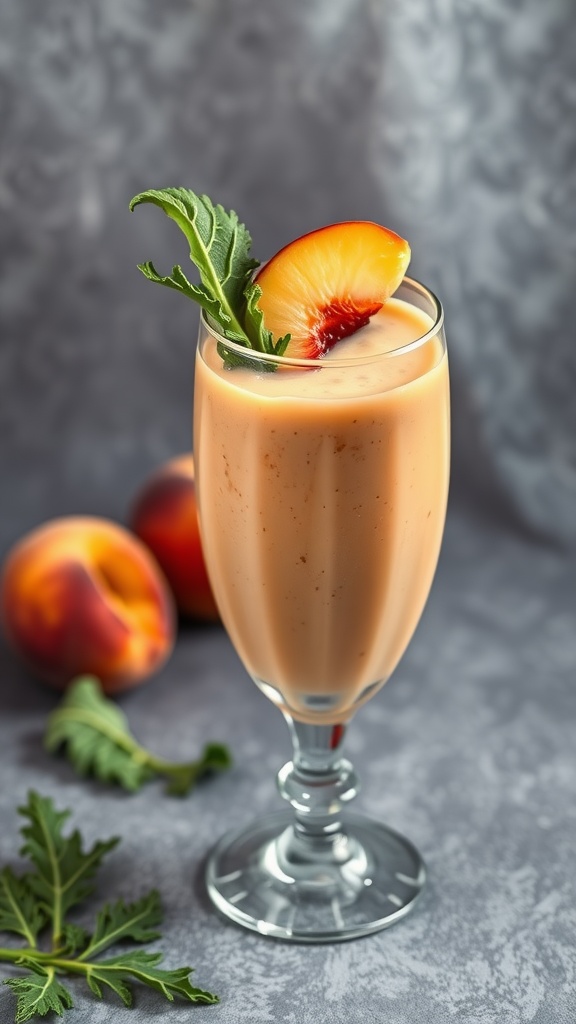 A peach and kale smoothie in a glass, garnished with a slice of peach and a kale leaf.