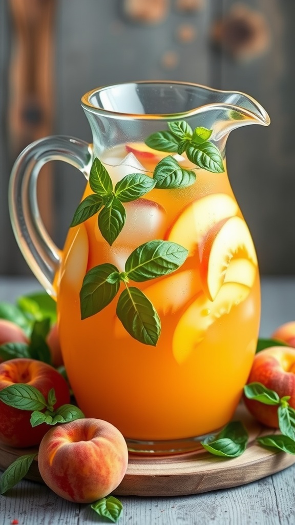 A refreshing pitcher of peach basil cooler with sliced peaches and basil leaves.