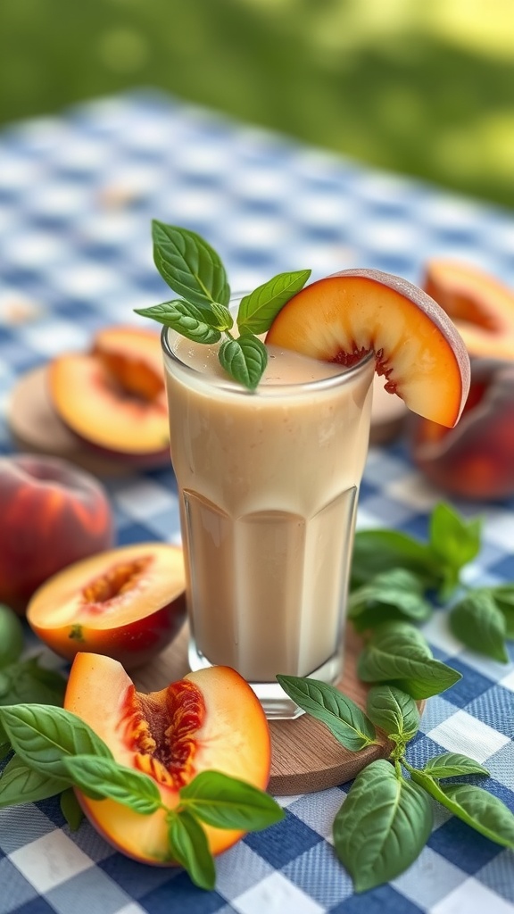 A refreshing peach basil smoothie in a glass, garnished with peach slices and basil leaves.