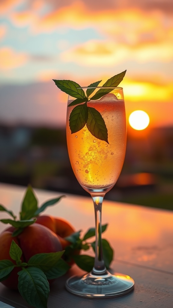 A refreshing peach basil cocktail in a glass with a sunset background.