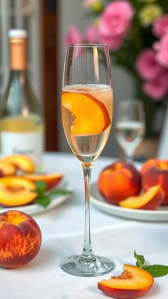 A refreshing Peach Bellini cocktail served in a tall glass with a slice of peach.