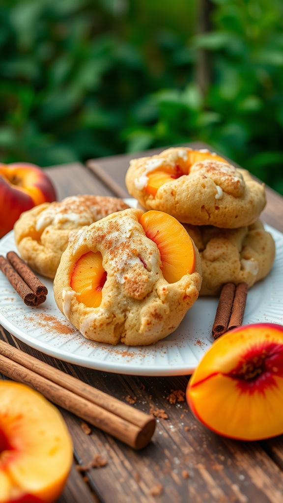 Peach cobbler cookies on a plate with fresh peaches and cinnamon sticks