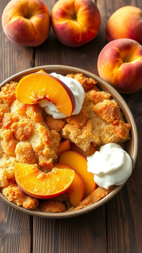 Bowl of Peach Cobbler Dump Cake with peaches and whipped cream on top.