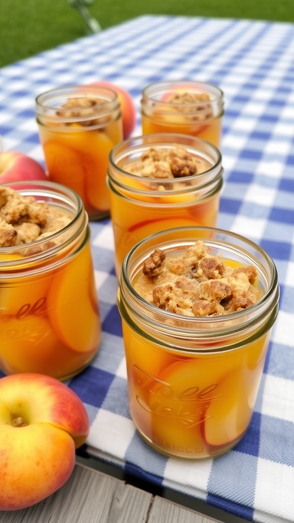 Jars of peach cobbler with a golden topping and sliced peaches