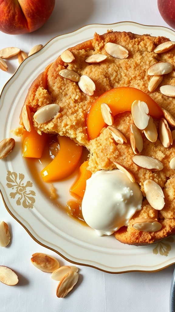 A serving of peach cobbler with almond crust, topped with sliced almonds and a scoop of ice cream.