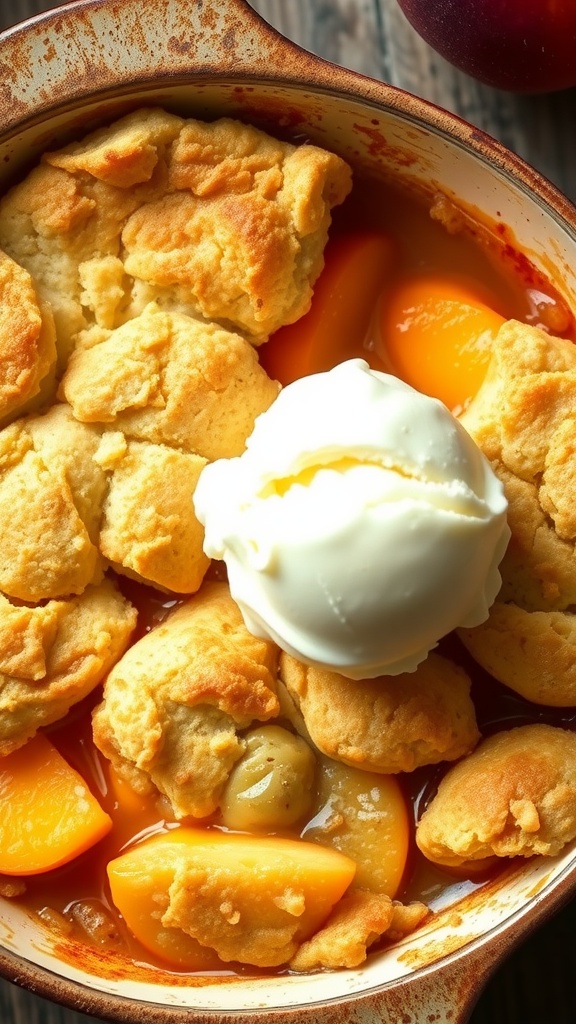 Delicious peach cobbler with biscuit topping served with a scoop of vanilla ice cream.
