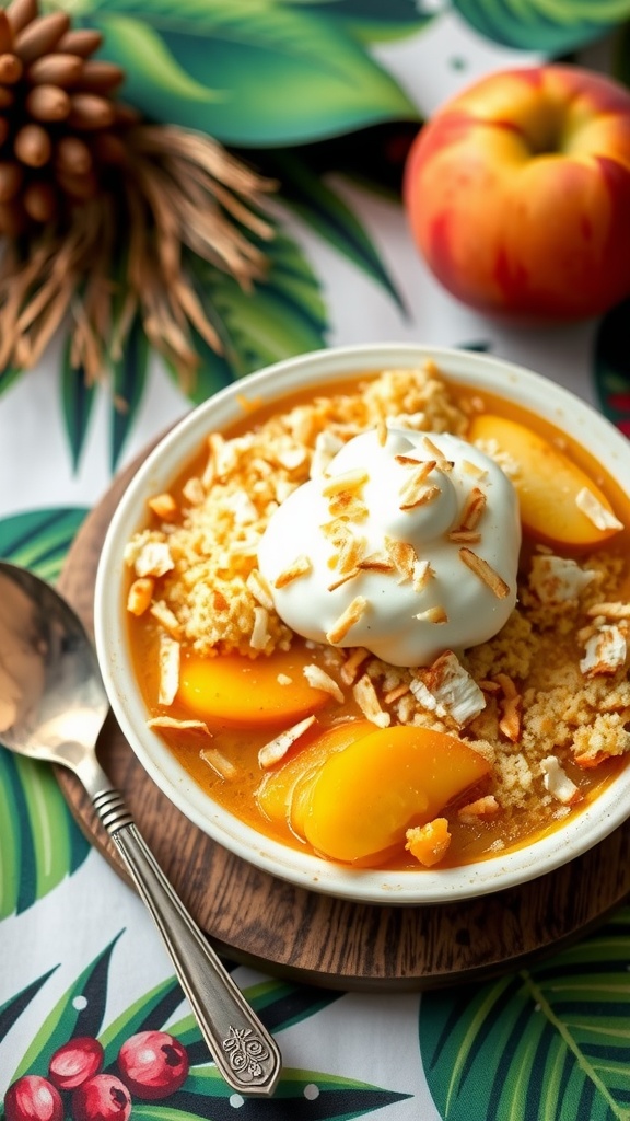 A delicious bowl of peach cobbler topped with coconut cream and toasted coconut flakes.