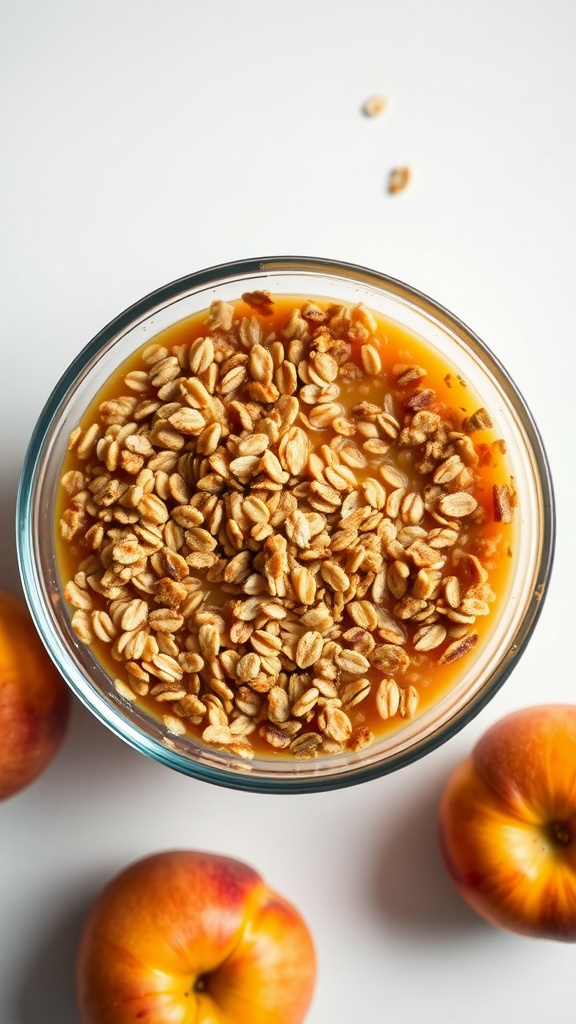 A delicious peach cobbler with a crunchy oat topping.