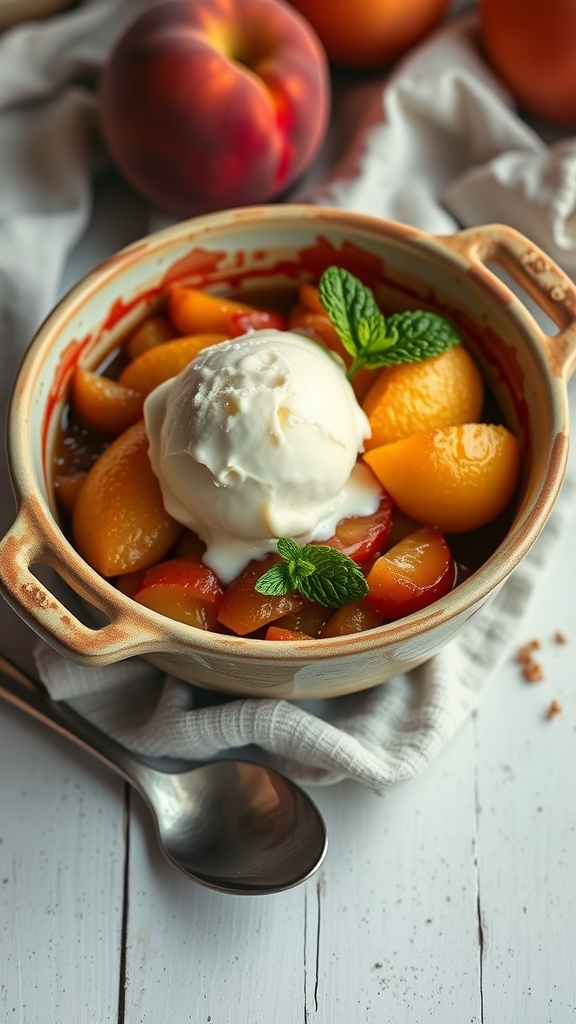 A bowl of peach cobbler topped with vanilla ice cream and mint leaves.