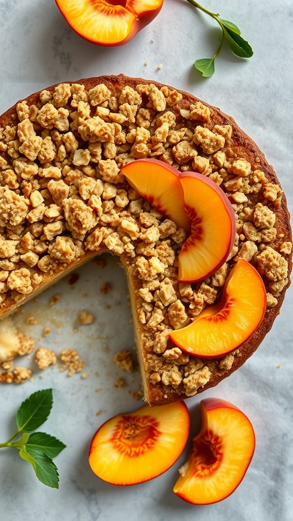 Peach Crisp Coffee Cake with slices of fresh peaches on top