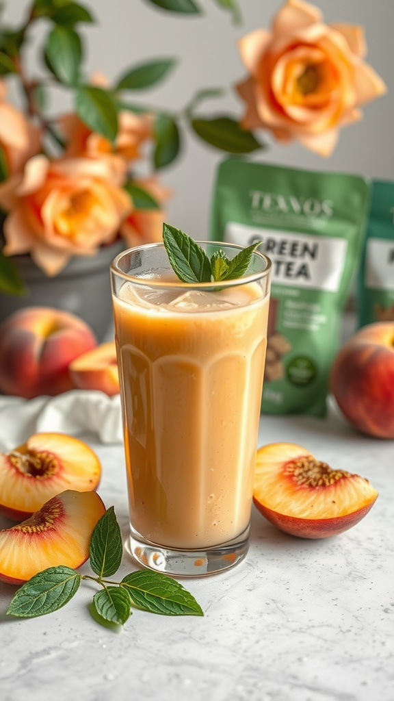 A refreshing Peach Green Tea smoothie in a glass, garnished with mint leaves, surrounded by fresh peach slices.
