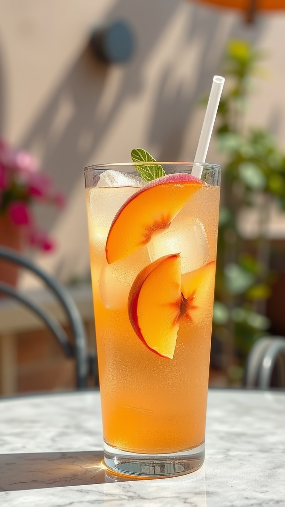 A refreshing Peach Iced Tea Spritzer served in a tall glass with peach slices and mint.