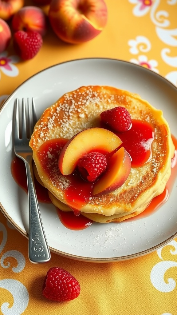 A fluffy Peach Melba Dutch Baby topped with slices of peach and raspberry sauce.