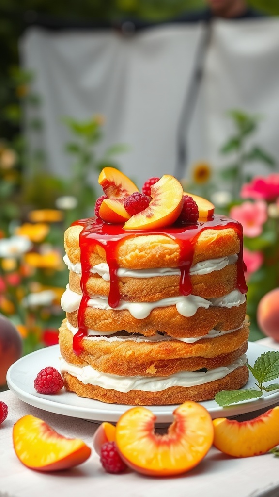 A beautiful Peach Melba layer cake with cream, peaches, and raspberry sauce.