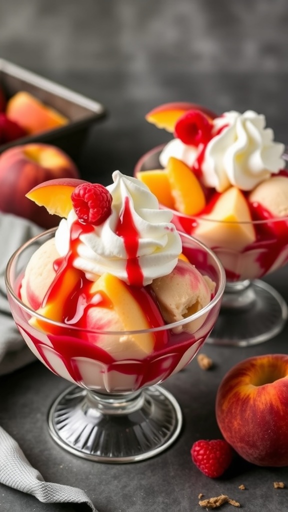 A delicious Peach Melba Sundae in a glass bowl with ice cream, peach slices, and whipped cream