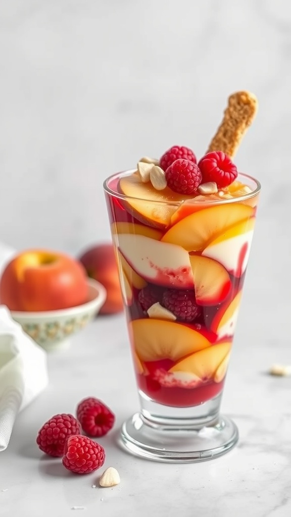 A delicious Peach Melba Trifle with layers of peaches, raspberries, and cream.