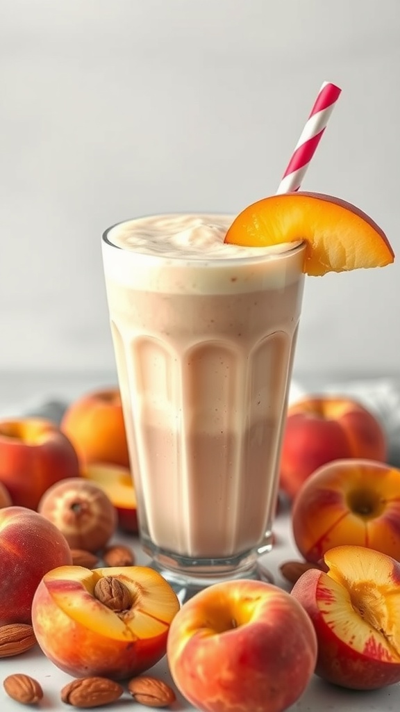 A refreshing Peachy Almond Delight smoothie in a glass, decorated with a peach slice and a straw, surrounded by fresh peaches and almonds.