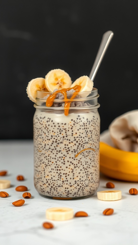 Peanut Butter Banana Chia Pudding in a jar topped with banana slices and drizzled with peanut butter
