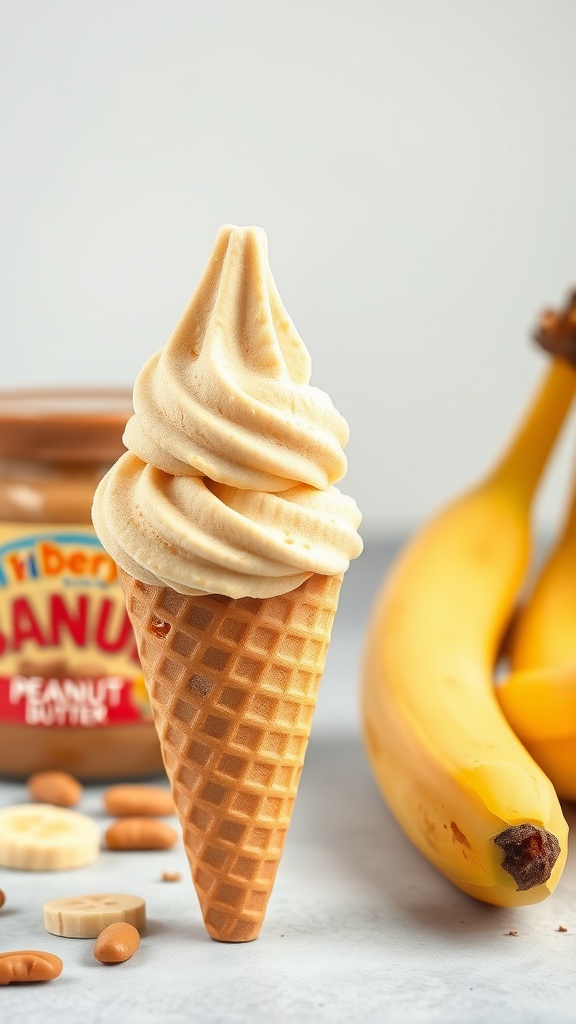Peanut Butter Banana Ice Cream in a cone with bananas and peanut butter in the background.