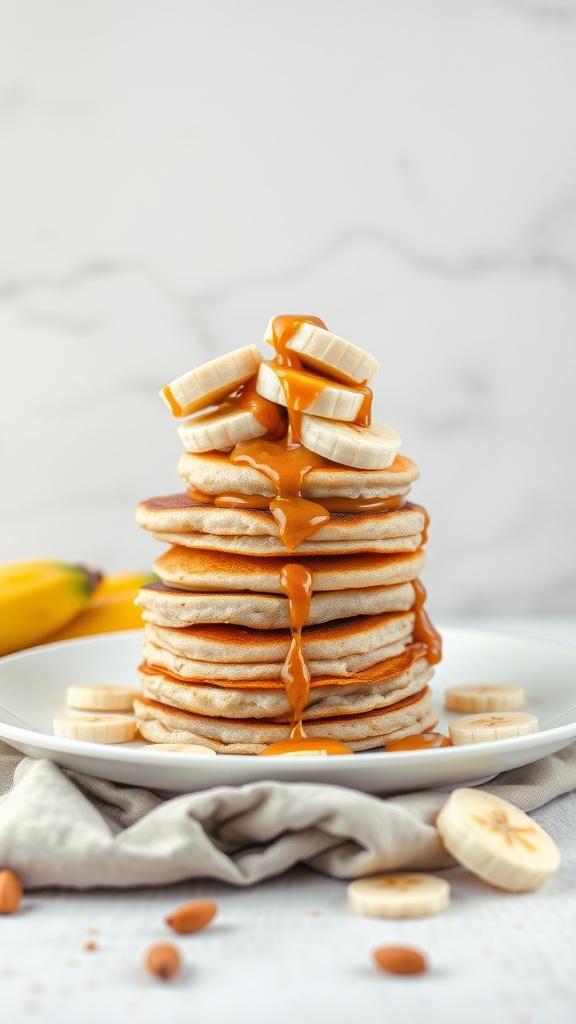 Stack of peanut butter banana pancakes topped with slices of banana and syrup.
