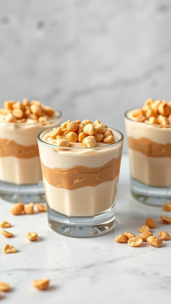 Peanut Butter Banana Pudding Cups served in clear glasses, topped with crushed peanuts.