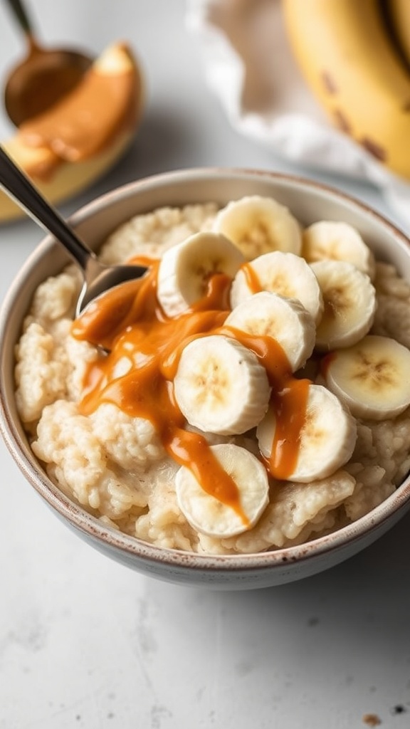 A bowl of peanut butter banana rice pudding topped with banana slices and a drizzle of syrup.