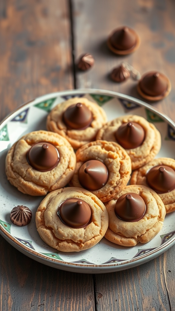 Delicious peanut butter blossom cookies topped with chocolate kisses.