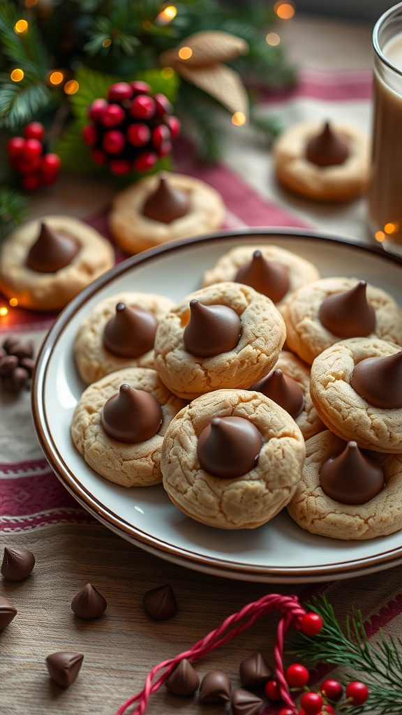 A plate of freshly baked peanut butter blossom cookies topped with chocolate kisses.