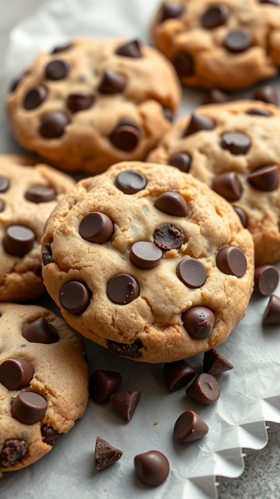 Peanut butter chocolate chip cookies stacked on parchment paper