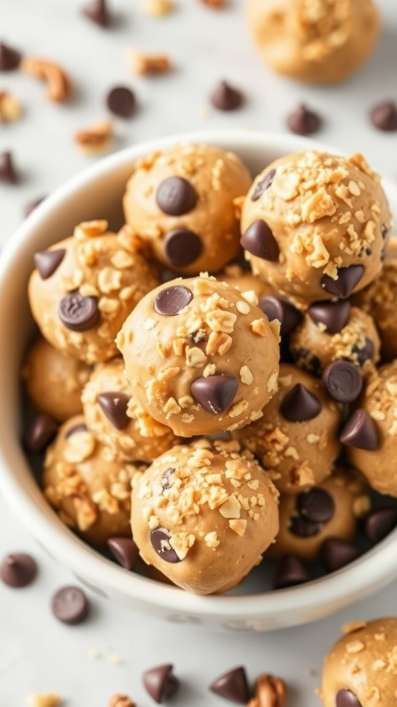 Peanut butter cookie dough bites with chocolate chips and nuts.