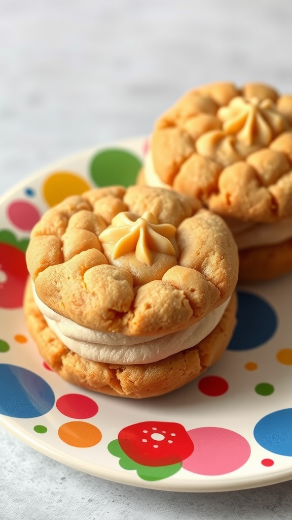 Peanut butter cookies filled with cream filling, arranged on a colorful plate.