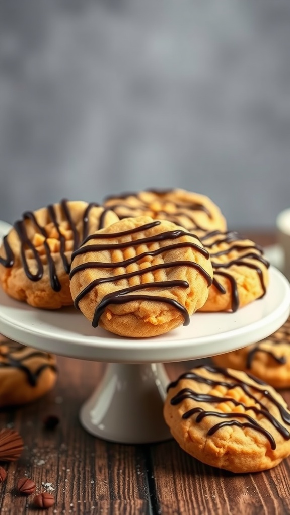 Peanut butter cookies drizzled with dark chocolate on a white cake stand.