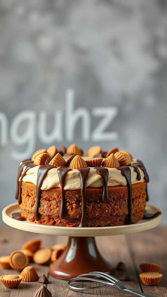 Delicious Peanut Butter Cup Cake topped with chocolate syrup and mini peanut butter cups