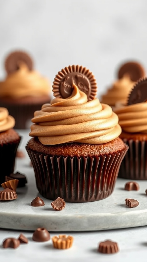 Delicious peanut butter cup cupcakes with creamy frosting and topped with mini peanut butter cups.
