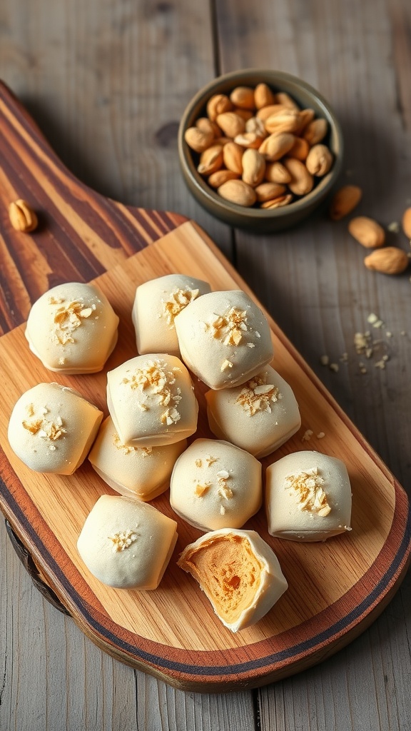 A wooden platter containing peanut butter fat bombs, showcasing their rich texture and nutty topping.