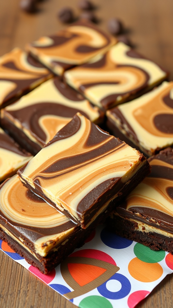 Peanut Butter Marble Cheesecake Brownies on a colorful surface