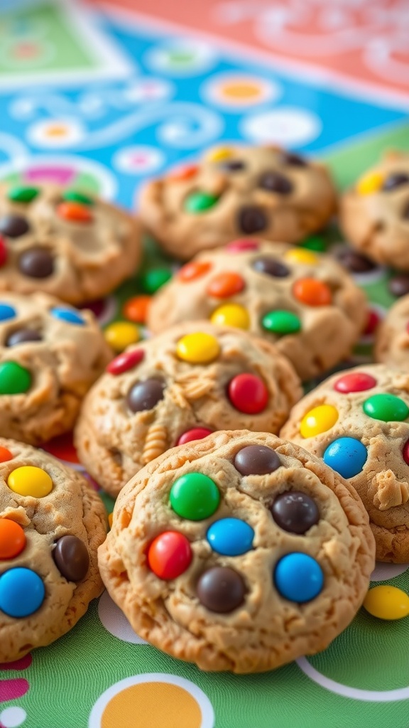 Delicious peanut butter cookies with colorful M&Ms on top.