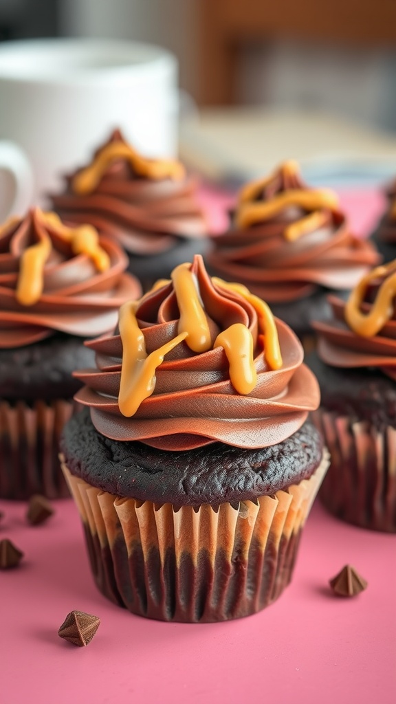 Peanut butter stuffed chocolate cupcakes with chocolate frosting