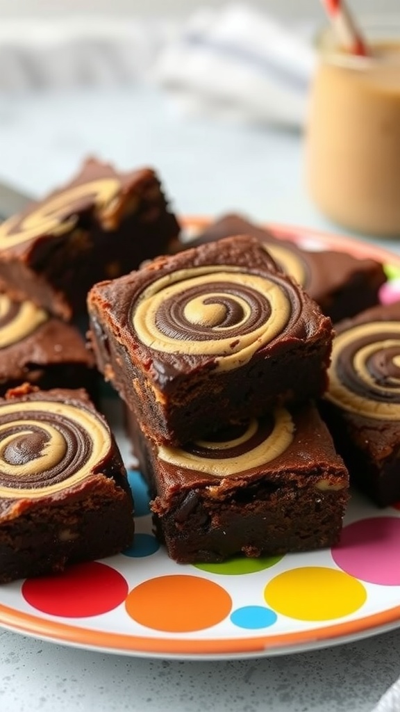 Delicious peanut butter swirl brownies on a colorful plate.