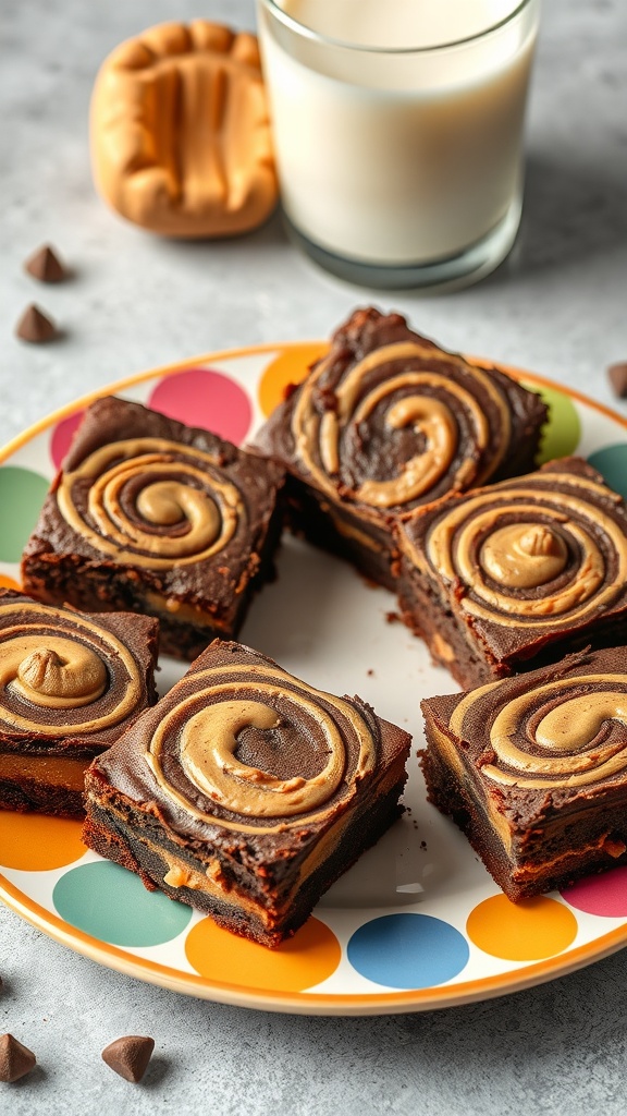 Delicious peanut butter swirl brownies on a colorful plate with a glass of milk