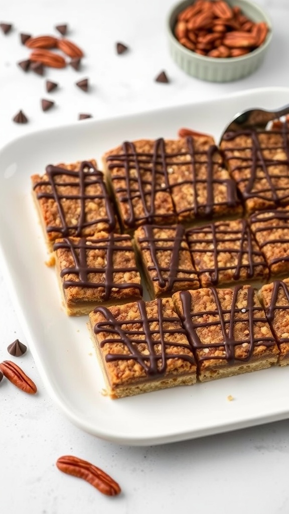 Delicious pecan pie bars drizzled with chocolate, perfect for easy serving.