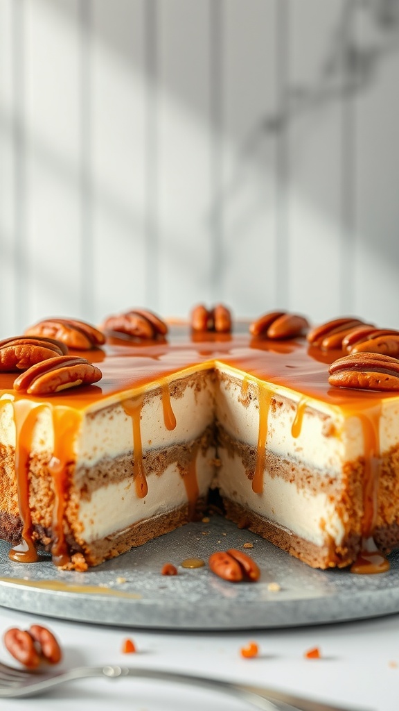 A delicious pecan pie cheesecake hybrid with a gooey filling and caramel drizzled on top.